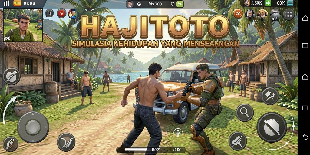 Tangkapan layar gameplay HAJITOTO yang menunjukkan simulasi interaksi karakter.