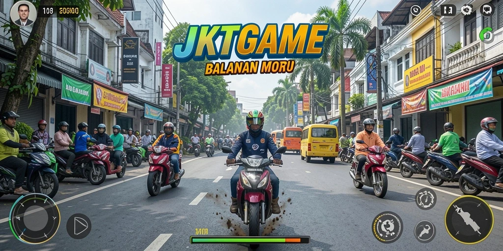 Gameplay seru JKTGAME dengan balapan motor di jalanan Jakarta.