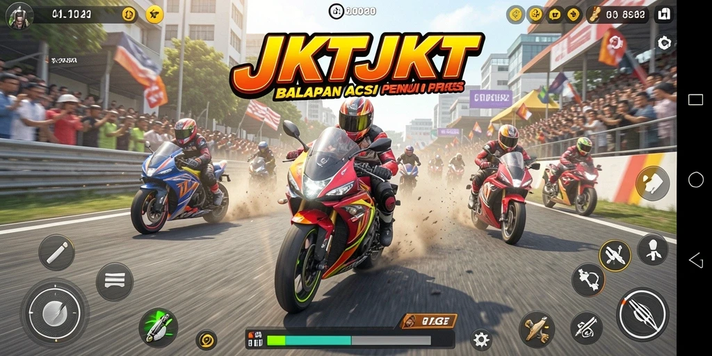 Tangkapan layar gameplay JKTJKT menampilkan balapan motor yang mendebarkan.