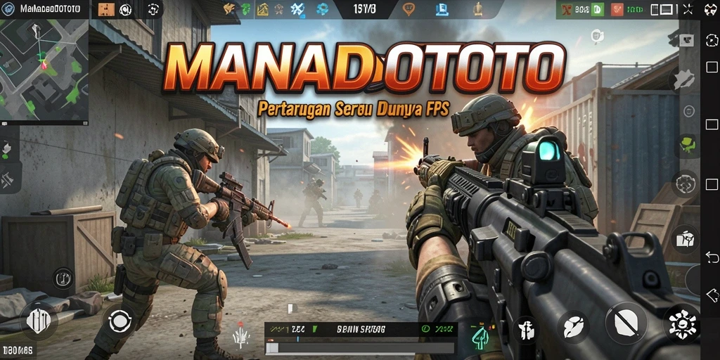Tangkapan layar utama MANADOTOTO menampilkan aksi tembak-menembak yang mendebarkan.
