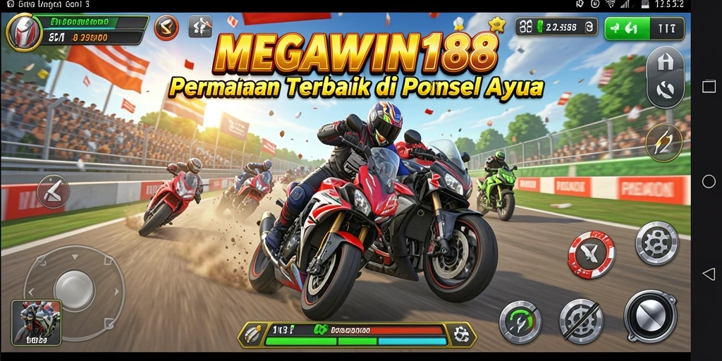 Tampilan gameplay seru dari balapan MEGAWIN188 dengan banyak kendaraan.