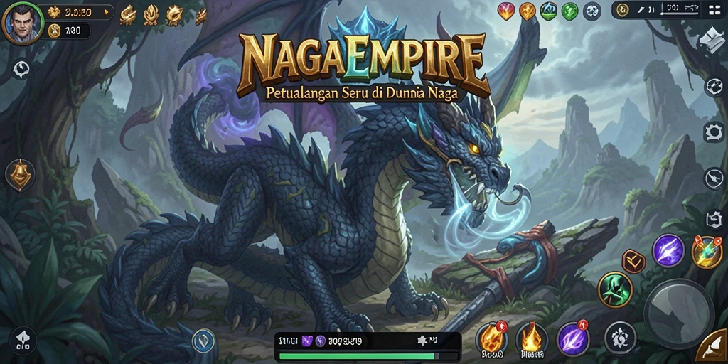 Screenshot gameplay NAGAEMPIRE menunjukkan aksi petualangan seru di dunia naga.