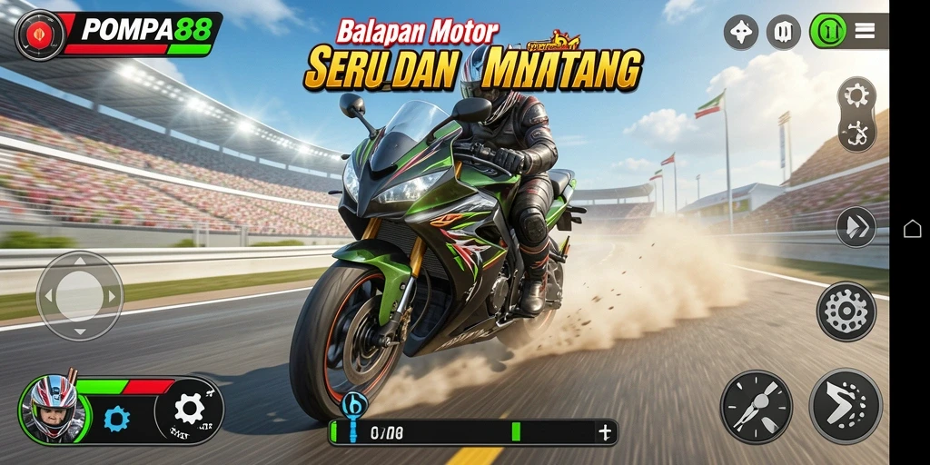 Screenshot POMPA88 menampilkan akselerasi motor balap di trek yang menantang.