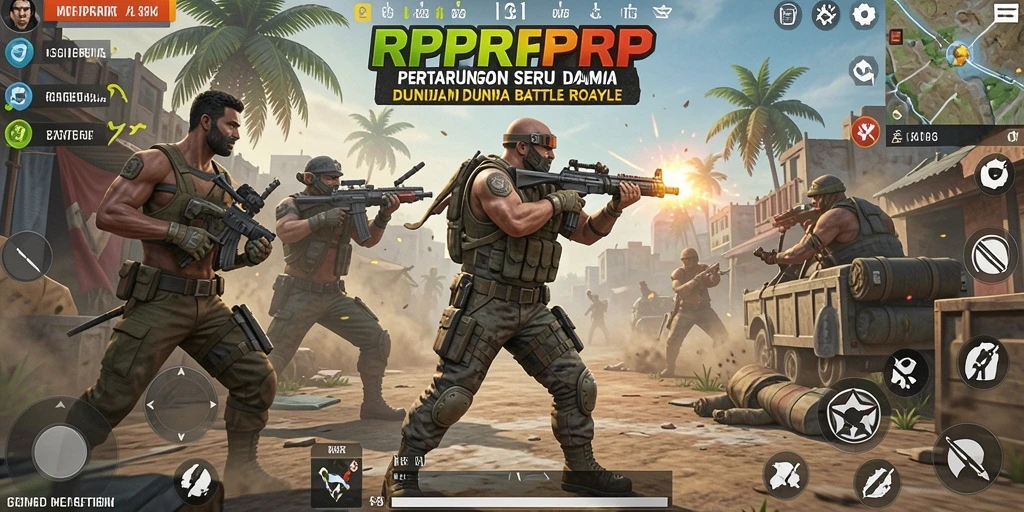 Tangkapan layar utama menampilkan pertarungan seru dalam game Battle Royale.