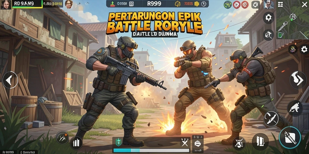 Screenshot gameplay RR999 menampilkan aksi seru dalam pertempuran Battle Royale.