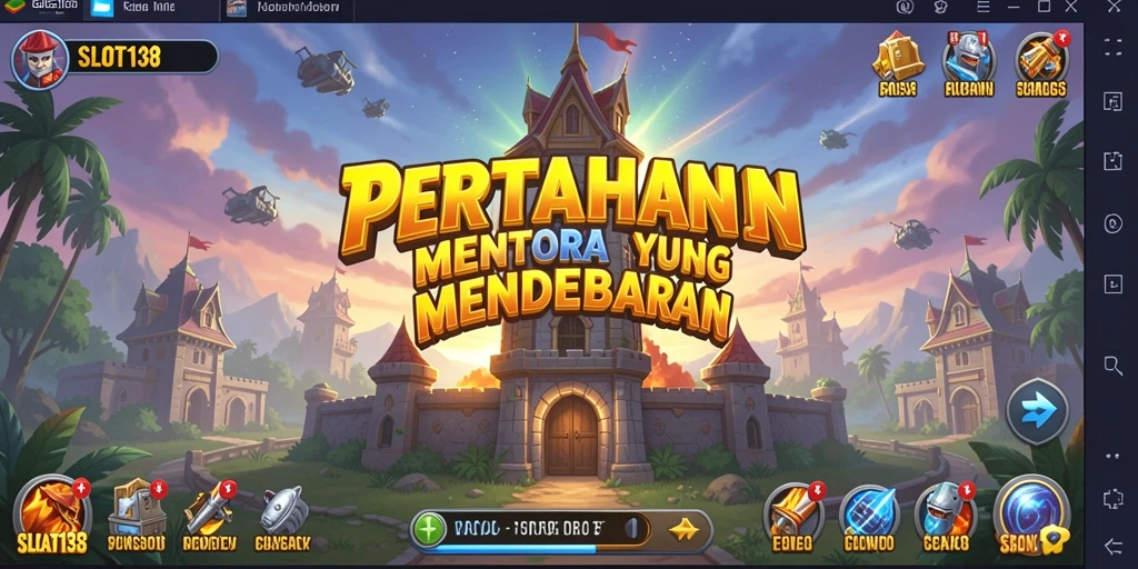 Tampilan menarik dari gameplay Tower Defense di SLOT138 dengan menara strategis.